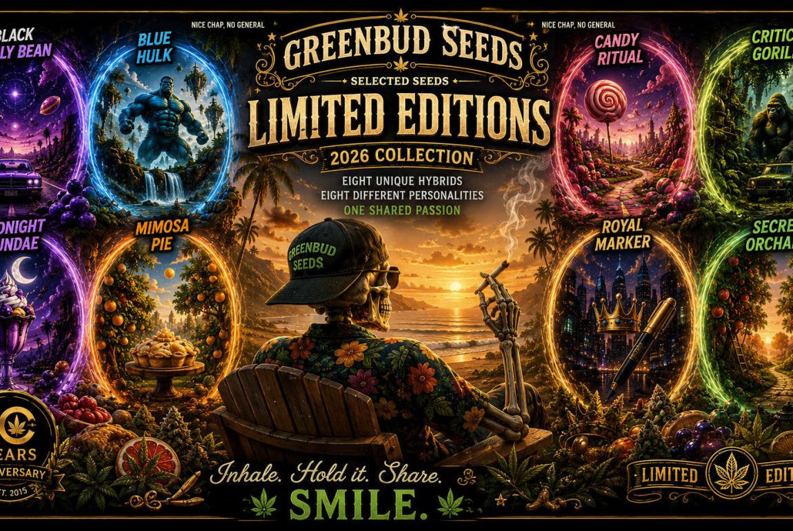 Greenbud Seeds Limited Editions 2026 featured image showcasing eight premium cannabis seed varieties including Black Jelly Bean, Blue Hulk, Candy Ritual, Critical Gorilla, Midnight Sundae, Mimosa Pie, Royal Marker and Secret Orchard.