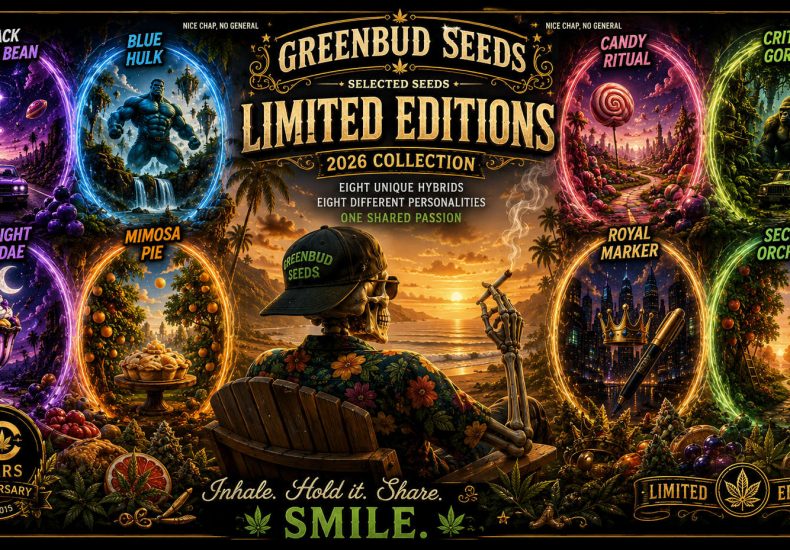 Greenbud Seeds Limited Editions 2026 featured image showcasing eight premium cannabis seed varieties including Black Jelly Bean, Blue Hulk, Candy Ritual, Critical Gorilla, Midnight Sundae, Mimosa Pie, Royal Marker and Secret Orchard.