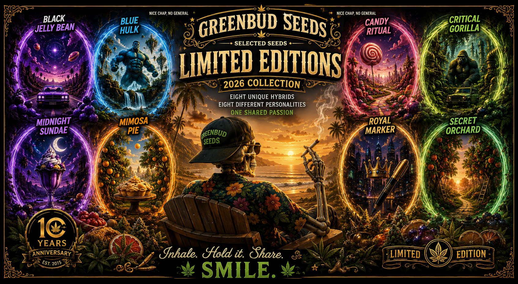 Greenbud Seeds Limited Editions 2026 featured image showcasing eight premium cannabis seed varieties including Black Jelly Bean, Blue Hulk, Candy Ritual, Critical Gorilla, Midnight Sundae, Mimosa Pie, Royal Marker and Secret Orchard.