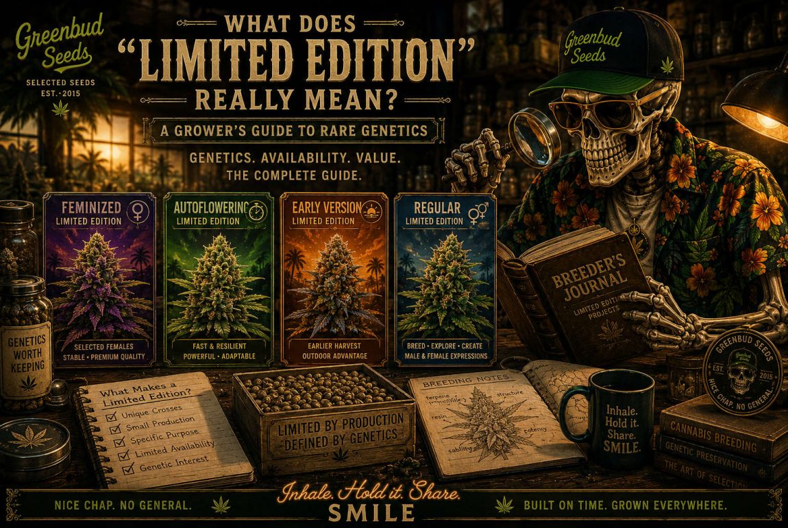 Illustrated Greenbud Seeds seed archive representing Limited Edition cannabis breeding. A breeder organizes Feminized, Autoflowering, Early Version and Regular cannabis seed collections, highlighting the genetic diversity and small-batch philosophy behind Limited Edition releases.