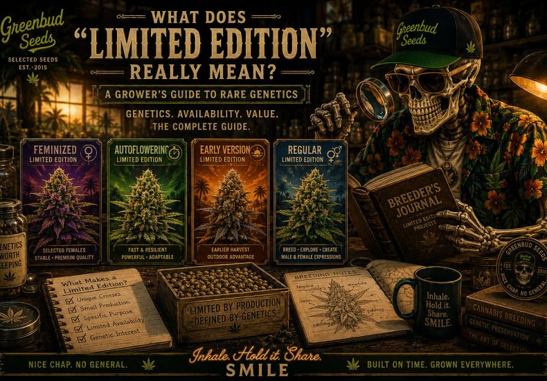 Illustrated Greenbud Seeds seed archive representing Limited Edition cannabis breeding. A breeder organizes Feminized, Autoflowering, Early Version and Regular cannabis seed collections, highlighting the genetic diversity and small-batch philosophy behind Limited Edition releases.