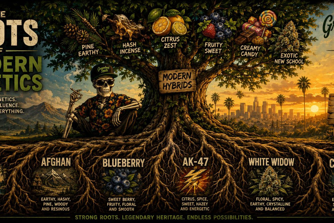 The Roots of Modern Genetics. Illustrated Greenbud Seeds Classic Line artwork showing a large tree whose roots represent classic cannabis genetics such as Haze, Afghan, Blueberry, AK-47, White Widow and Critical, while the branches symbolise modern cannabis hybrids.