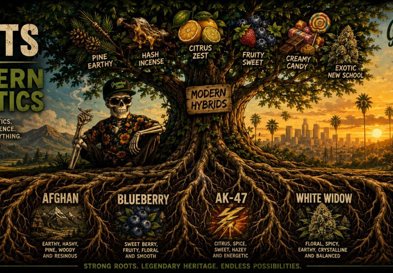 The Roots of Modern Genetics. Illustrated Greenbud Seeds Classic Line artwork showing a large tree whose roots represent classic cannabis genetics such as Haze, Afghan, Blueberry, AK-47, White Widow and Critical, while the branches symbolise modern cannabis hybrids.