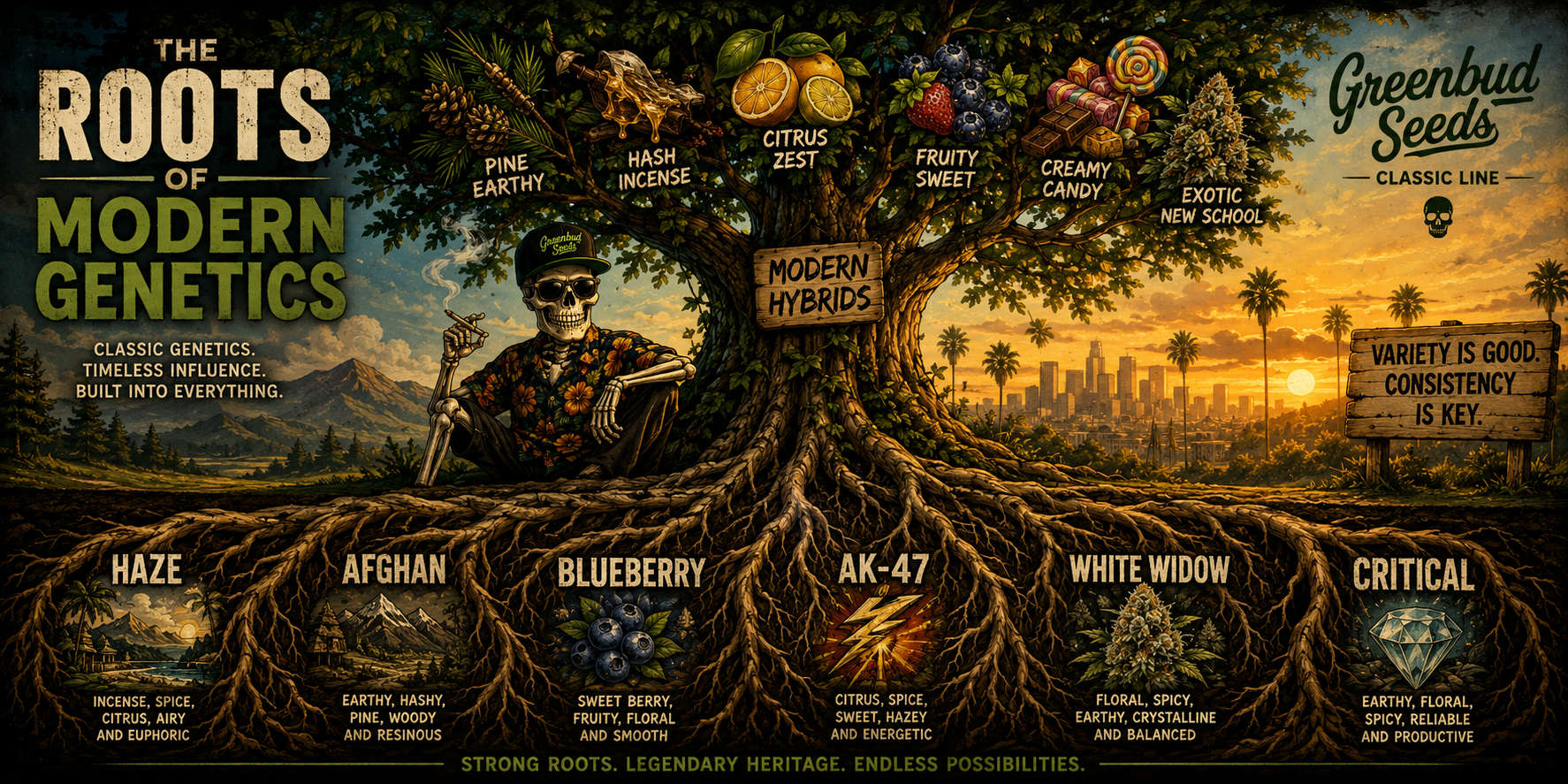 The Roots of Modern Genetics. Illustrated Greenbud Seeds Classic Line artwork showing a large tree whose roots represent classic cannabis genetics such as Haze, Afghan, Blueberry, AK-47, White Widow and Critical, while the branches symbolise modern cannabis hybrids.