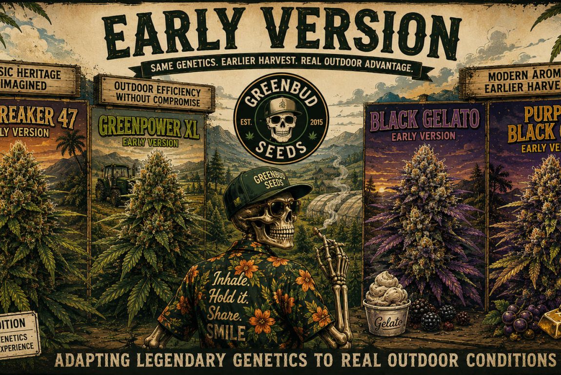 Featured image illustrating the Early Version collection by Greenbud Seeds, showing classic and modern early-flowering photoperiod genetics adapted to the European outdoor growing season, including Jawbreaker 47 Early Version, Greenpower XL Early Version, Black Gelato Early Version and Purple Black Gold Early Version.