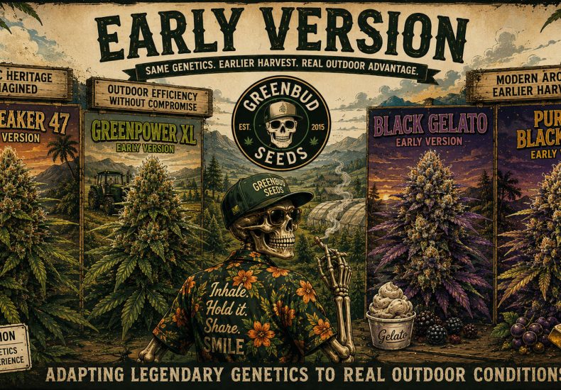 Featured image illustrating the Early Version collection by Greenbud Seeds, showing classic and modern early-flowering photoperiod genetics adapted to the European outdoor growing season, including Jawbreaker 47 Early Version, Greenpower XL Early Version, Black Gelato Early Version and Purple Black Gold Early Version.