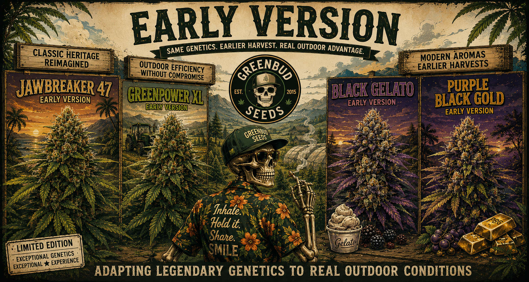 Featured image illustrating the Early Version collection by Greenbud Seeds, showing classic and modern early-flowering photoperiod genetics adapted to the European outdoor growing season, including Jawbreaker 47 Early Version, Greenpower XL Early Version, Black Gelato Early Version and Purple Black Gold Early Version.
